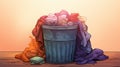 Trash can with pile of clothes. Fashion harms the environment. minmalist cartoon style