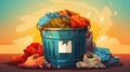 Trash can with pile of clothes. Fashion harms the environment. minmalist cartoon style