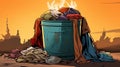 Trash can with pile of clothes. Fashion harms the environment. minmalist cartoon style