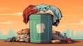 Trash can with pile of clothes. Fashion harms the environment. minmalist cartoon style