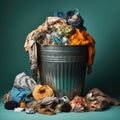 Trash can with pile of clothes. Fashion harms the environment.