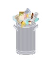 Trash can pixel art. 8 bit Wheelie bin with Garbage on white background. Dumpster iron. peel from banana and stub. Tin and old Royalty Free Stock Photo