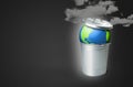 Trash can with the planet earth and smog pollution