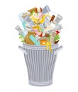 Trash can with Rubbish isolated. Wheelie bin with Garbage on white background. Dumpster iron. peel from banana and stub. Tin and