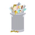 Trash can with Rubbish isolated. Wheelie bin with Garbage on white background. Dumpster iron. peel from banana and stub. Tin and