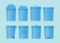 Trash can set collection with various shape and models with modern flat style and blue color - vector Royalty Free Stock Photo