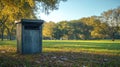 Trash can in a sunny park with trees and grass. Royalty Free Stock Photo