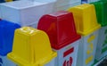 Trash can supplier. Plastic recycling bins for Eco-friendly waste management. Blue, red, yellow, and green bins for sustainable