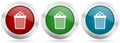 Trash, can vector icon set. Red, blue and green silver metallic web buttons with chrome border Royalty Free Stock Photo
