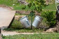 Trash cans along the river at a Missouri public park Royalty Free Stock Photo