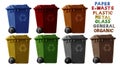Trash cans in seven differents colors, handmade with plasticine or clay