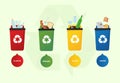 4 trash cans with sorted garbage. Ecology and recycle concept. Graphic template for infographic flyer poster. Vector