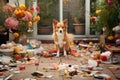 trash chaos on patio, chewed up dog toy among the mess