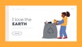 Trash Cleanup, Ecology and Earth Protection Landing Page Template. Litter Recycling Concept. Little Girl Throw Garbage