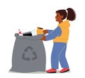 Trash Cleanup, Ecology Protection, Litter Recycling Concept. Girl Throw Garbage into Sack Isolated on White Background