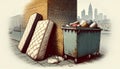 A trash container with old mattresses leaning against the wall Royalty Free Stock Photo