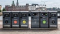 Trash containers for different rubbish in the center of Stockholm, Sweden. Waste collection in Europe for subsequent recycling, Royalty Free Stock Photo