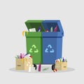 Trash containers flat color illustration. Waste management, garbage reducing and sorting, litter cans with recycling