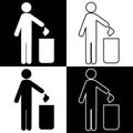 Trash disposal icon. Man removes trash. The cleaner removes trash in the bin. Vector image