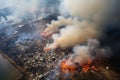 Trash fires rage in aerial view of a sprawling landfill site