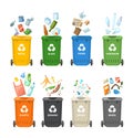 Trash in garbage cans with sorted garbage for organic, paper, plastic, glass, metal, drugs, light bulbs. Separation of garbage Royalty Free Stock Photo