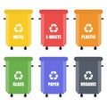 Trash in garbage cans with sorted garbage vector icons