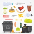 Trash and garbage set illustrations in cartoon style. Biodegradable, plastic and dumpster icons. Royalty Free Stock Photo