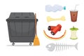 Trash and garbage set illustrations in cartoon style. Biodegradable, plastic and dumpster icons.