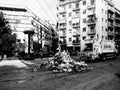 Trash in the middle of the street. Athens, Greece. Royalty Free Stock Photo