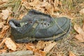 Trash from one old black torn leather sneaker lies on brown dry leaves Royalty Free Stock Photo