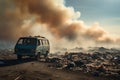 Trash pile emitting smoke observed as a van drives past