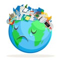 Trash polluted planet earth sad suffer tired sick environmental pollution cartoon flat design vector illustration Royalty Free Stock Photo