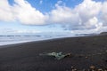 Trash in the sand, plastic waste by the ocean, sad and unsustainable Royalty Free Stock Photo