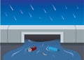 Trash into sewer cause flood in city flat illustration vector background