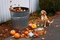 trash spilling from bin near chewed up dog leash