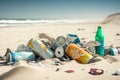 trash-strewn beach with broken bottles and cans Royalty Free Stock Photo
