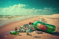trash-strewn beach with broken bottles and cans Royalty Free Stock Photo