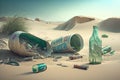 trash-strewn beach with broken bottles and cans Royalty Free Stock Photo