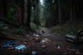 A trash strewn path in the middle of a forest. AI generative image