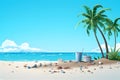 trash on tropical beach view at sunny day with white sand, turquoise water and palm tree, neural network generated
