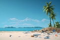 trash on tropical beach view at sunny day with white sand, turquoise water and palm tree, neural network generated