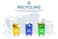 Trash Types Segregation And Recycling Concept. Three Colorful Recycling Bins For Different Types Of Trash - Paper