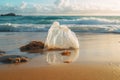 trash waste plastic bag on the beach, eco friendly background, nature earth day Royalty Free Stock Photo