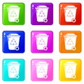 Trash wheelie bin icons set 9 color collection