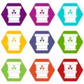 Trashcan containing radioactive waste icon set color hexahedron