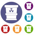 Trashcan containing radioactive waste icons set