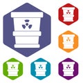 Trashcan containing radioactive waste icons set Royalty Free Stock Photo