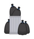 Trashcan and garbage bag. Trash can and black sack. rubbish bin Vector illustration