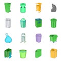 Trashcan icons set, cartoon style