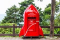 Trat,Thailand-April 2,2019:Beautiful red postbox,modern rocket shape,located at the view point in Koh Chang